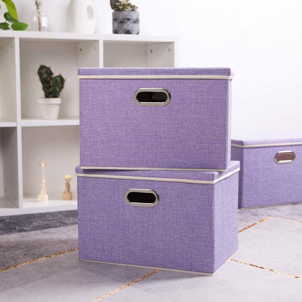 None 35 qt. Fabric Collapsible Storage Bin with Lid in Purple (3-Pack)