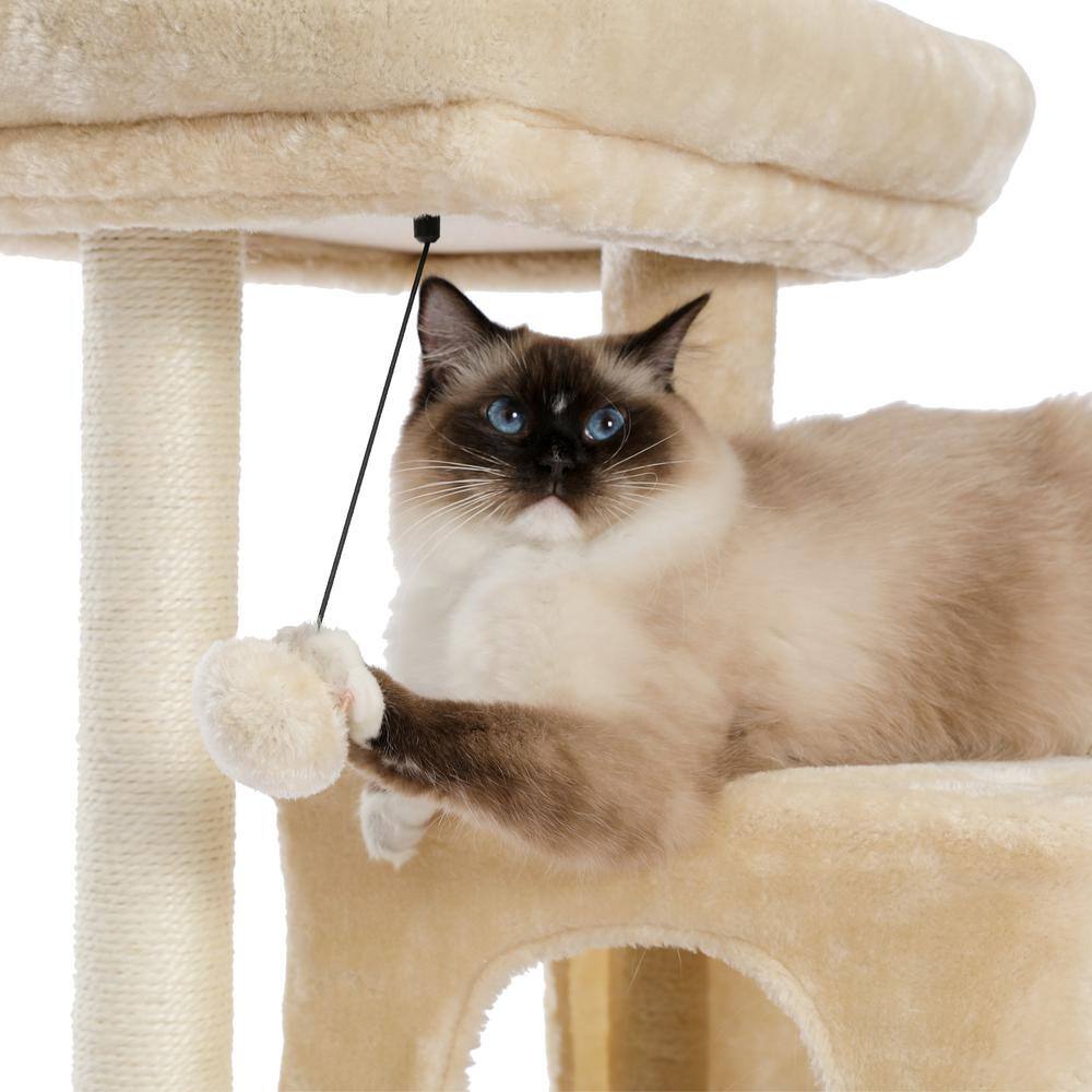 None 33.8 in. H Cat Tree Cat Tower with Condo and Dangling Ball in Beige