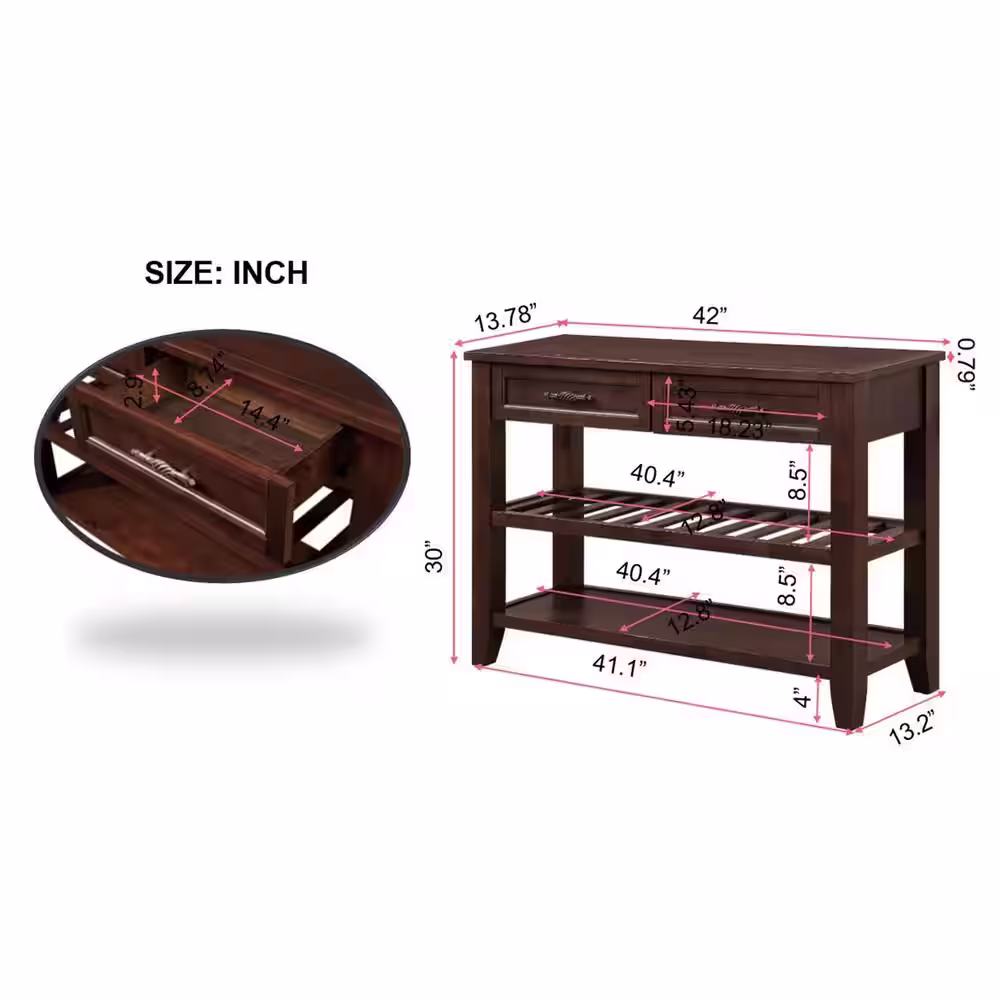 None Retro and Modern Design 42 in. Espresso Rectangle Solid Wood Console Table Sofa Table with 2 Drawers and 2 Open Shelves