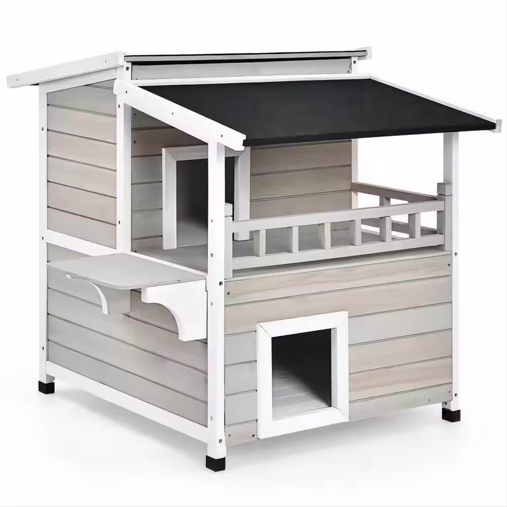 None 2-tier Wooden Patio Cat House with Balcony