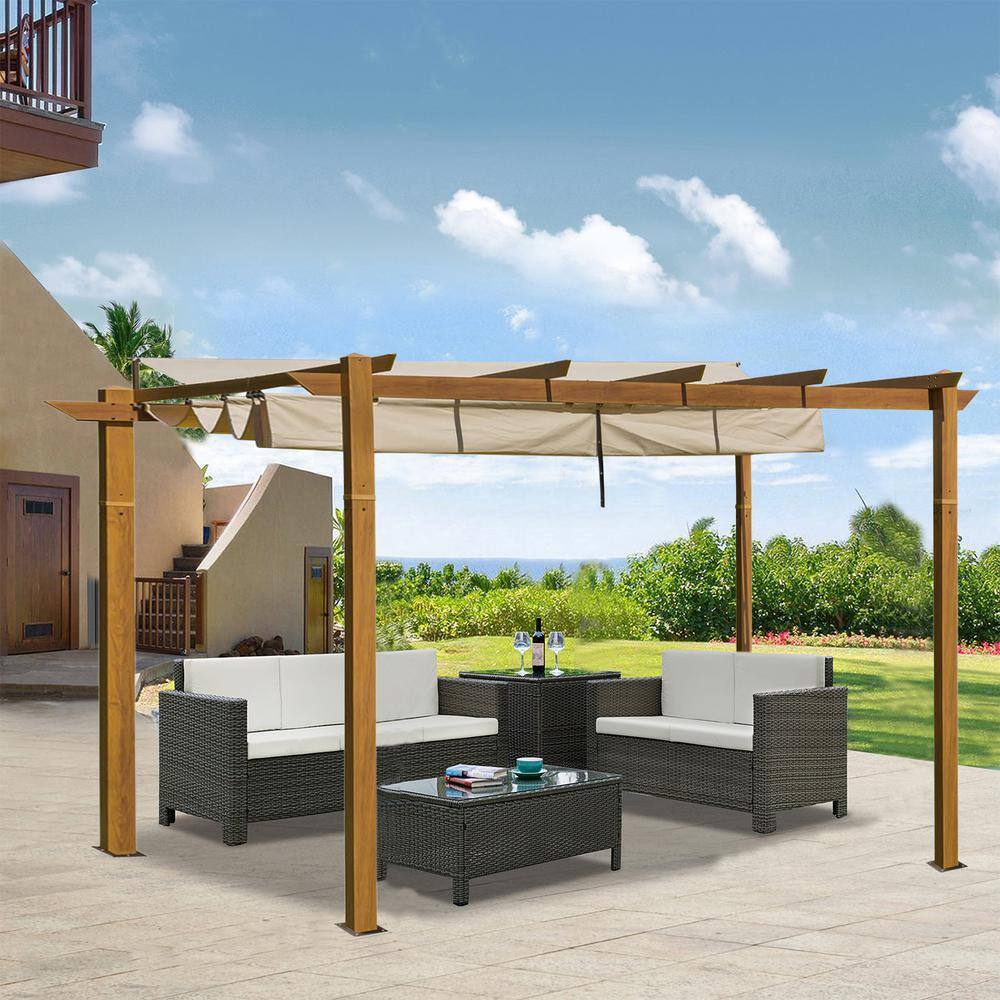 BANSA ROSE 9 ft. x 13 ft. Wood-Looking Aluminum Frame Retractable Pergola with Weather-Resistant Canopy