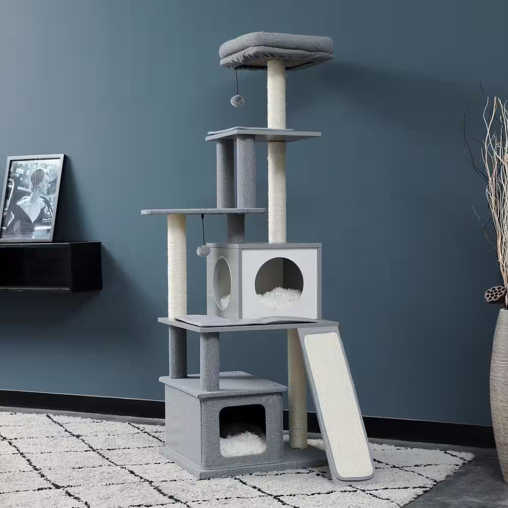 ANGELES HOME 62 in. Gray Cat Tree Multi-level large play tower, playhouse with apartment, hanging toys - Gray