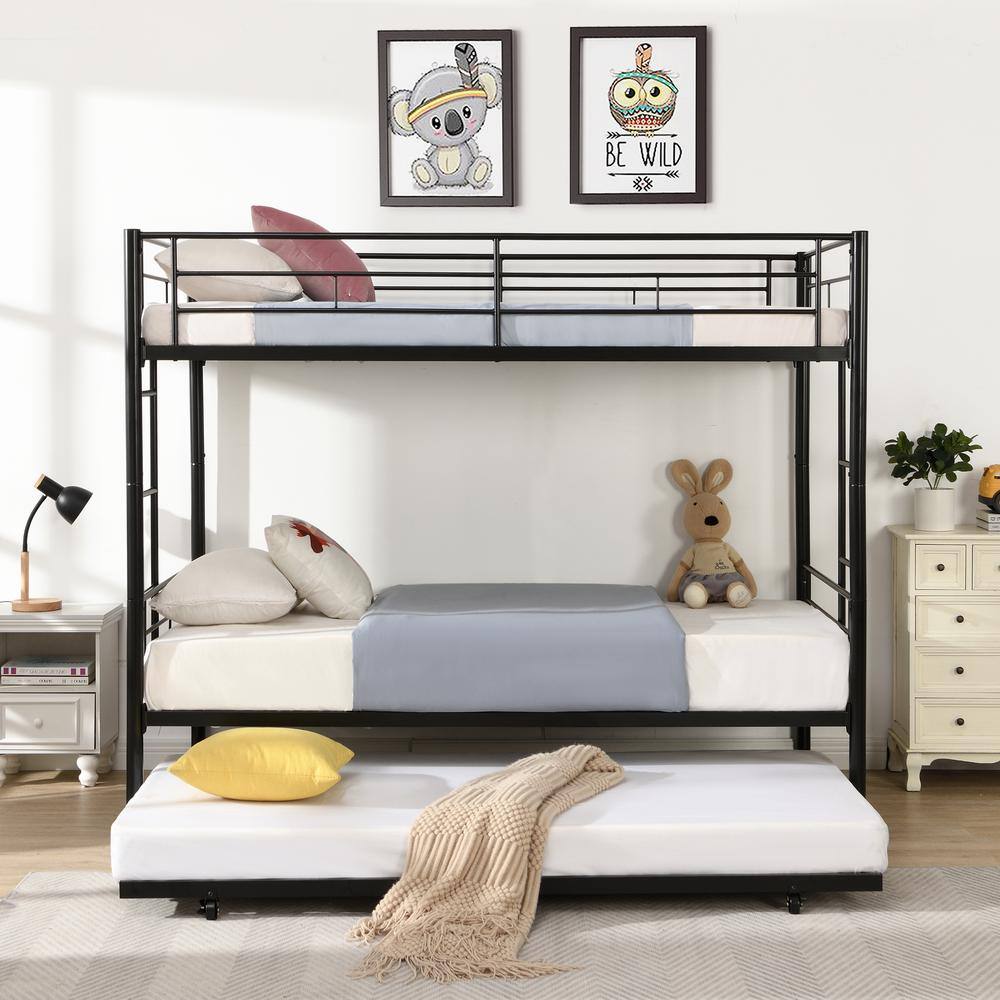 Magic Home Twin Over Twin Bunk Bed Metal Frame with Trundle and Sturdy Guard Rail and 2 sideLadders for Kids Adults, Black