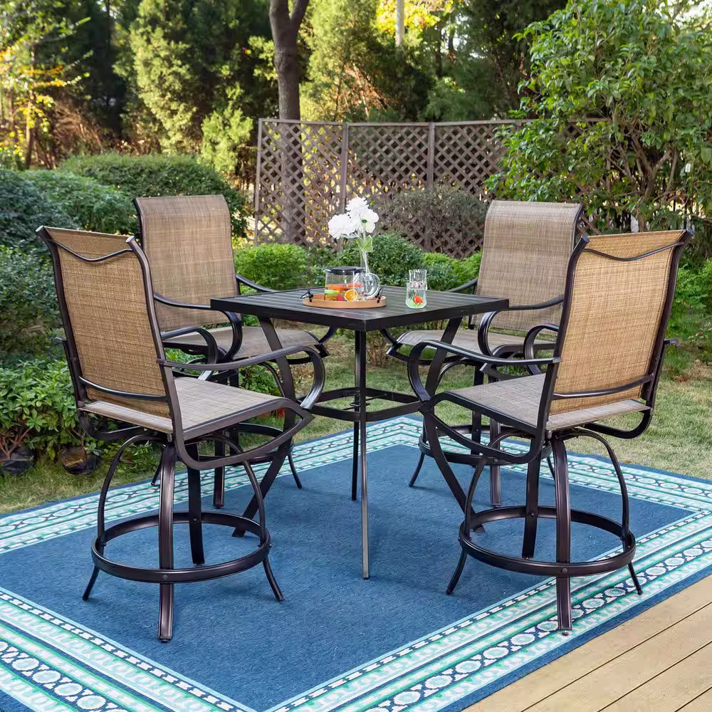 None Black 5-Piece Metal Square Outdoor Bistro Patio Bar Set with Slat Bar Table and Swivel Bistro Chairs