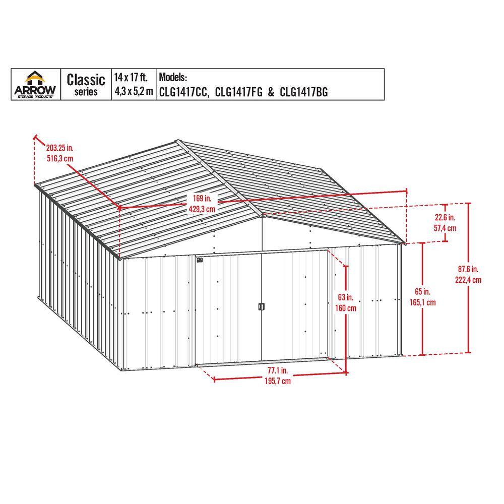 Arrow Classic Storage Shed 17 ft. D x 14 ft. W x 7 ft. H Metal Shed 226 sq. ft.