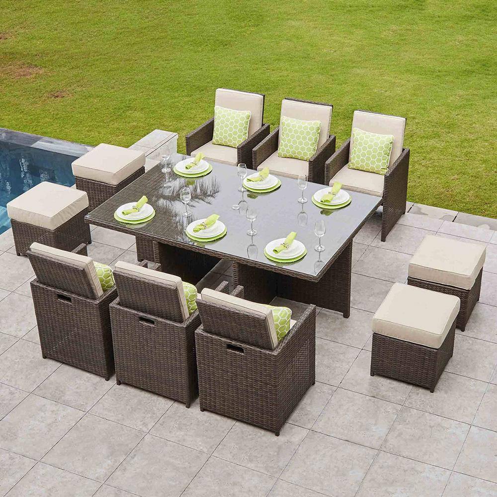 DIRECT WICKER Alisa Aluminum Brown 11-Piece Wicker Outdoor Dining Set with Beige Cushions and Ottmans
