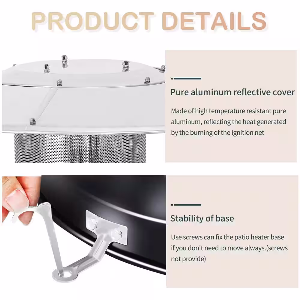 None 48,000 BTU Stainless Steel Black Propane Patio Heater with Wheels