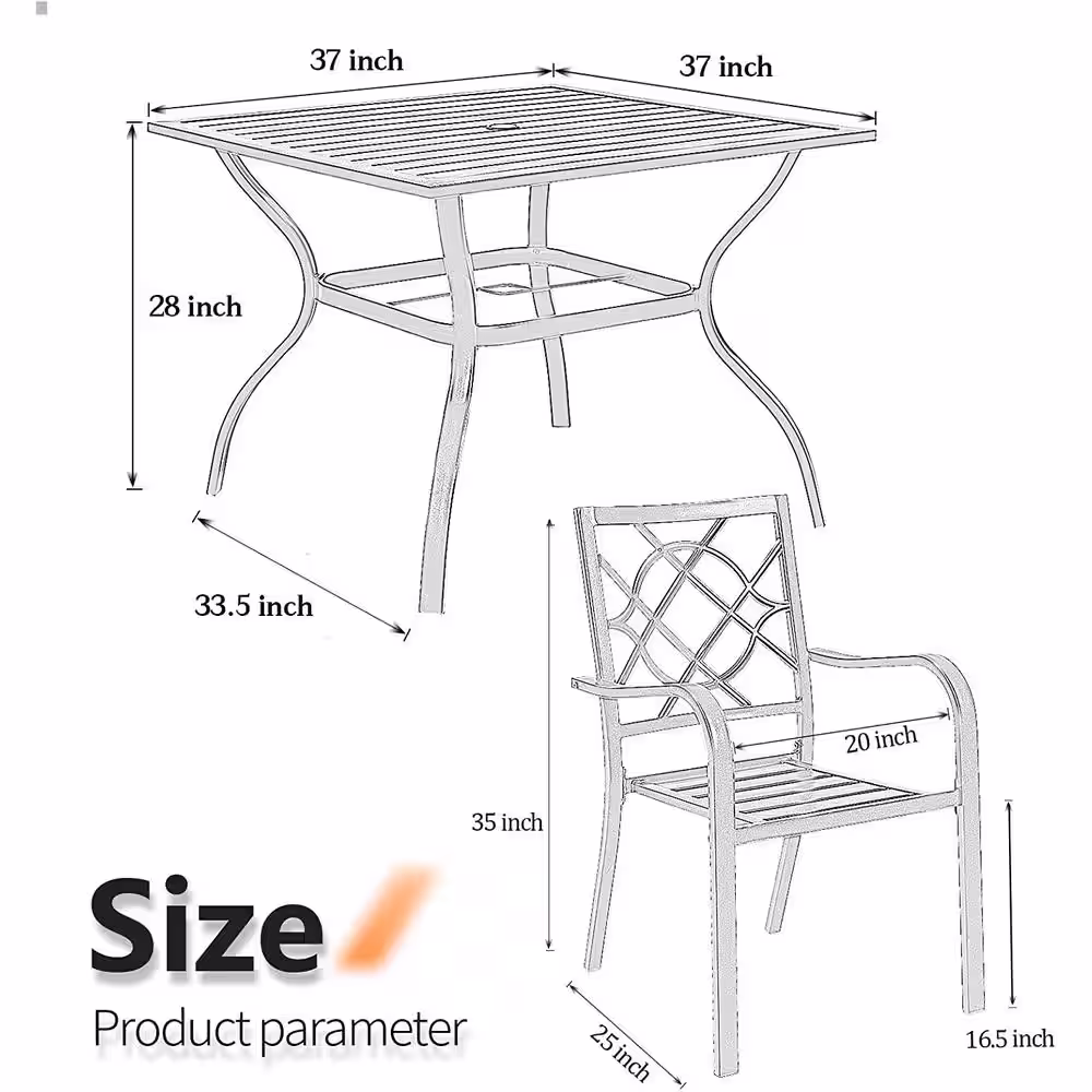 None 5-Piece Metal Outdoor Dining Set with 4 Stackable Chairs and 1 Square Dining Table with 1.57 in. Umbrella Hole