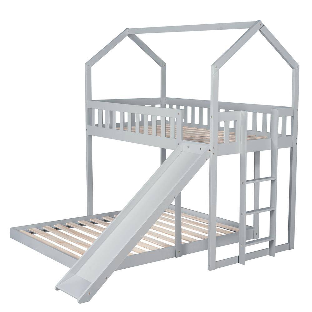 Harper & Bright Designs Gray Twin over Full Wood House Bunk Bed with Built-in Ladder and Slide