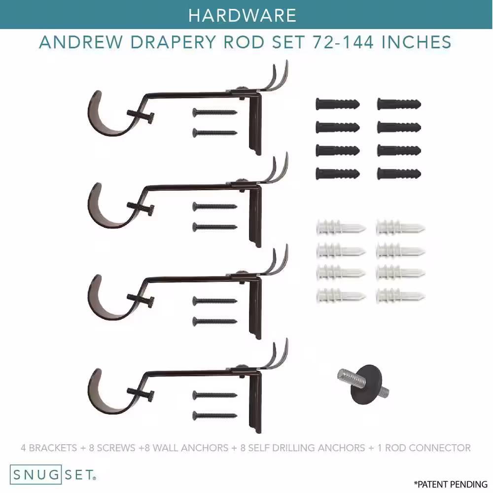 Snugset Andrew 72 in. x 144 in. Easy-Install Optional No Tools Adjustable 1 in. Single Rod Kit in Bronze with Square Finials