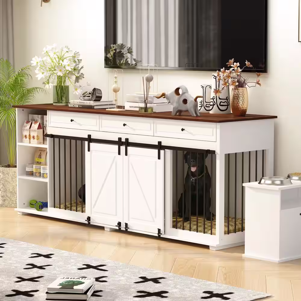 None Large Dog Crate Furniture with 3 Drawers, Wood Dog Cage Crate End Table for Medium Large Dogs with Divider and Shelves