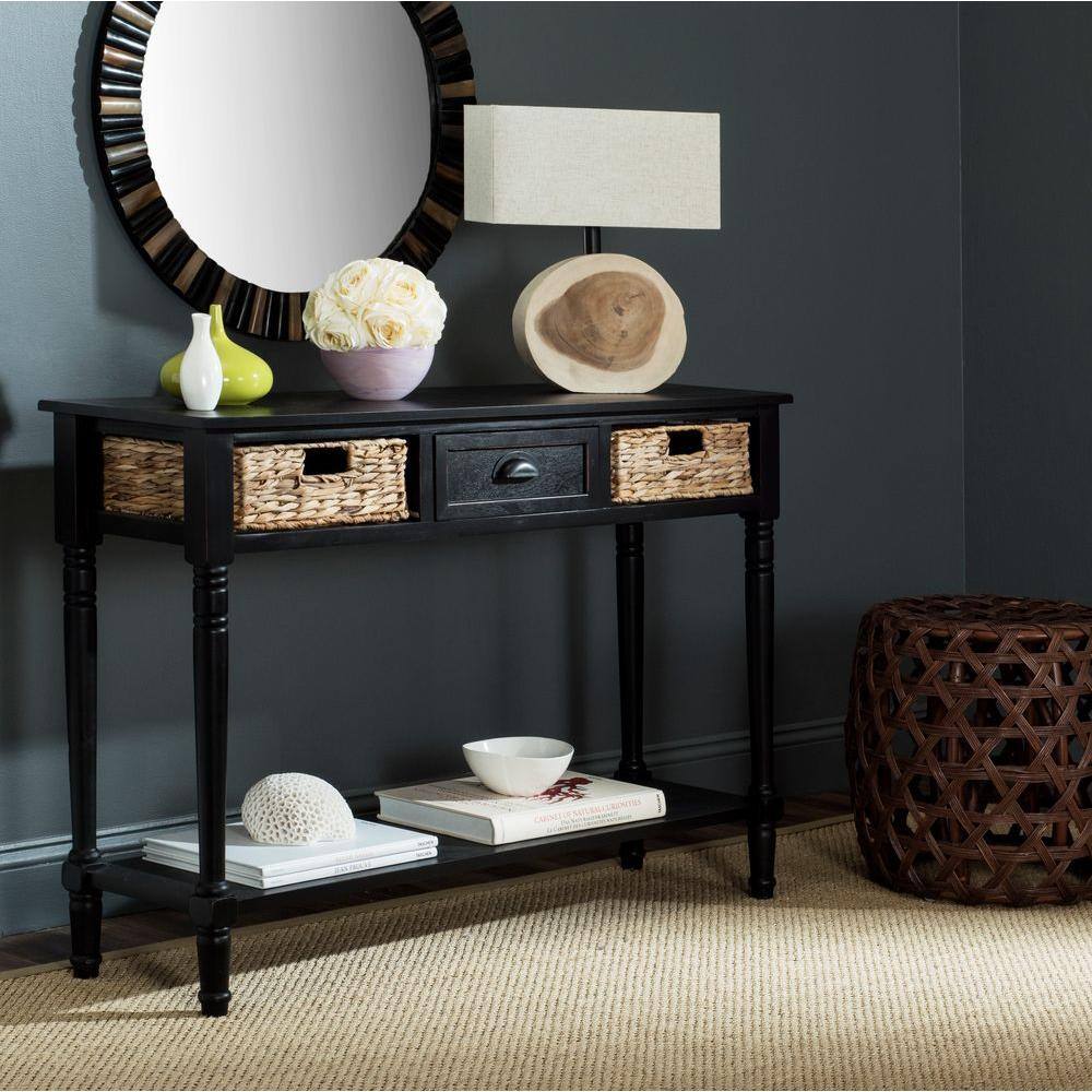 SAFAVIEH Christa 45 in. 3-Drawer Rustic Black Wood Console Table