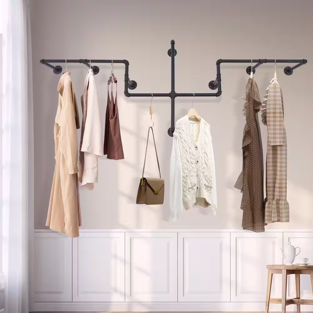 None Black Iron Wall Mounted Clothes Rack 85.83 in. W x 30.71 in. H