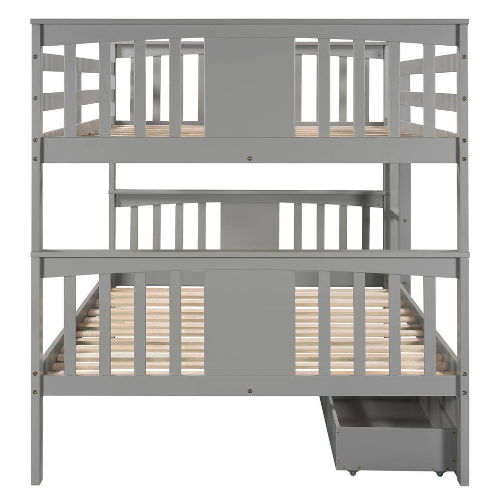 Harper & Bright Designs Gray Full Wood Bunk Bed with Drawers and Ladder