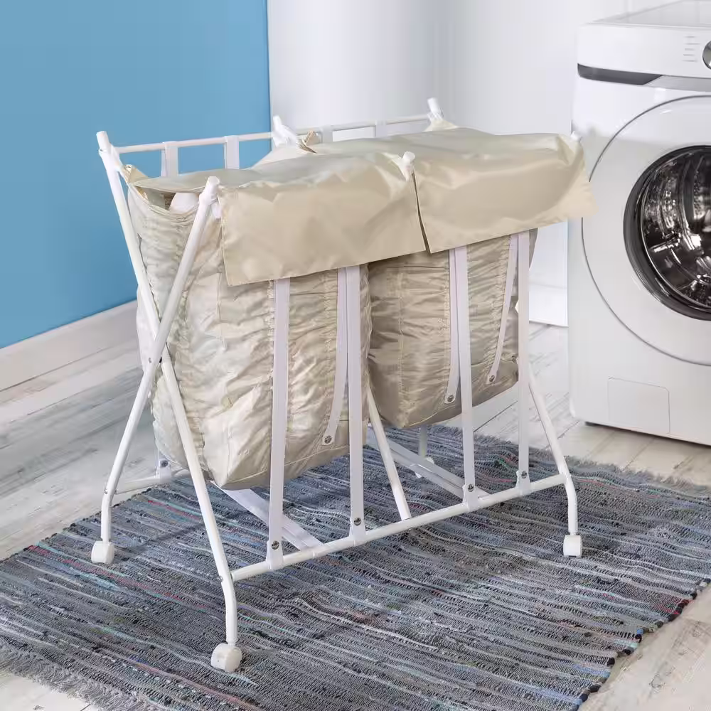 Honey-Can-Do White/Natural Folding Double Bounce Back Laundry Hamper with Wheels