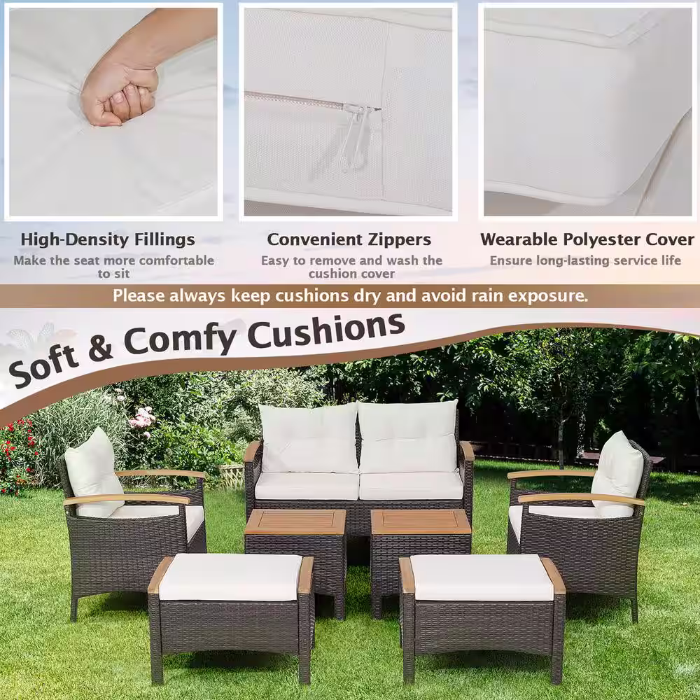 Costway 7-Piece Patio Rattan Furniture Set Cushion Armrest Loveseat Ottoman Table in Off White