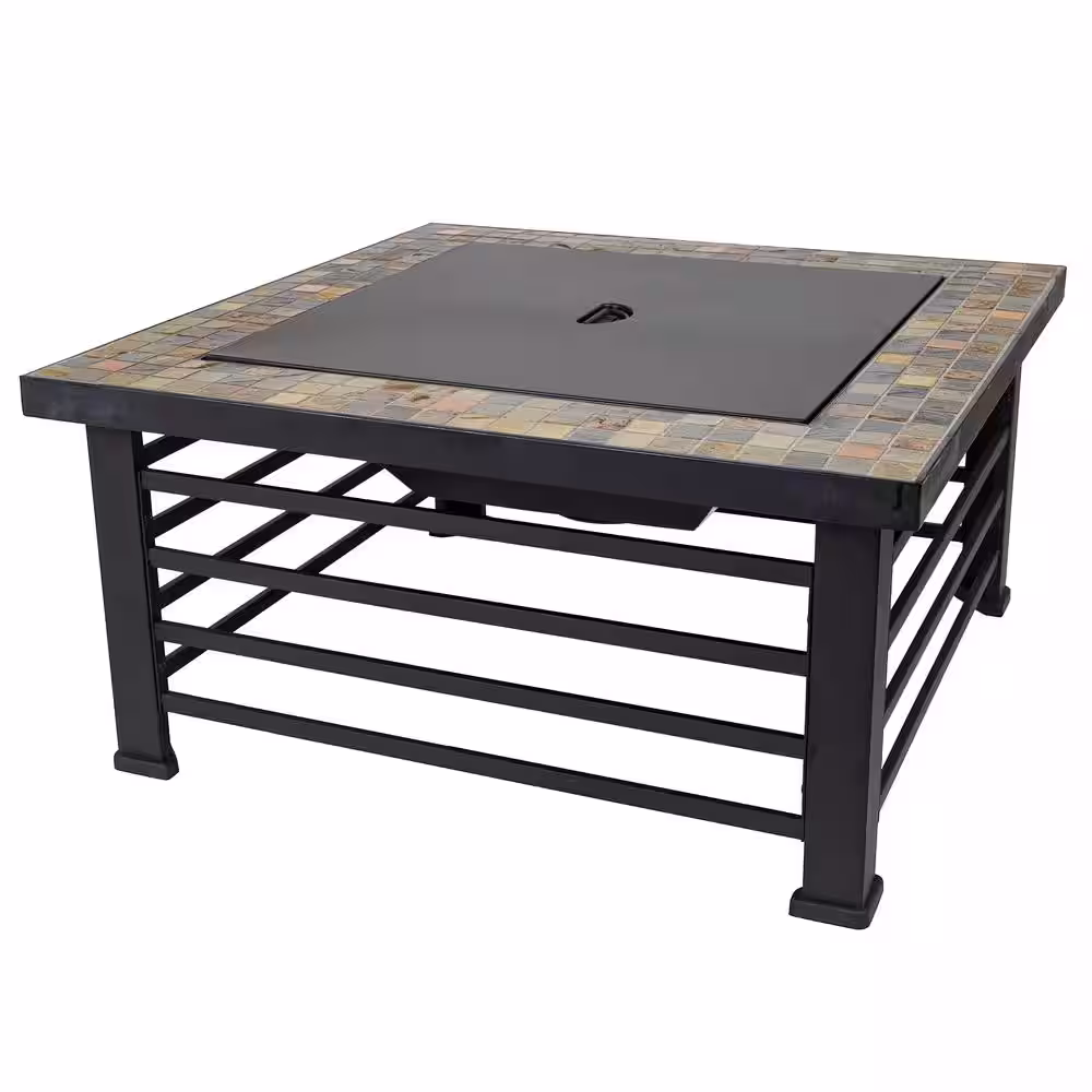 Pleasant Hearth Cascade Slate Top 34 in. Wx22.5 in. H Square Steel Wood Black Fire Pit