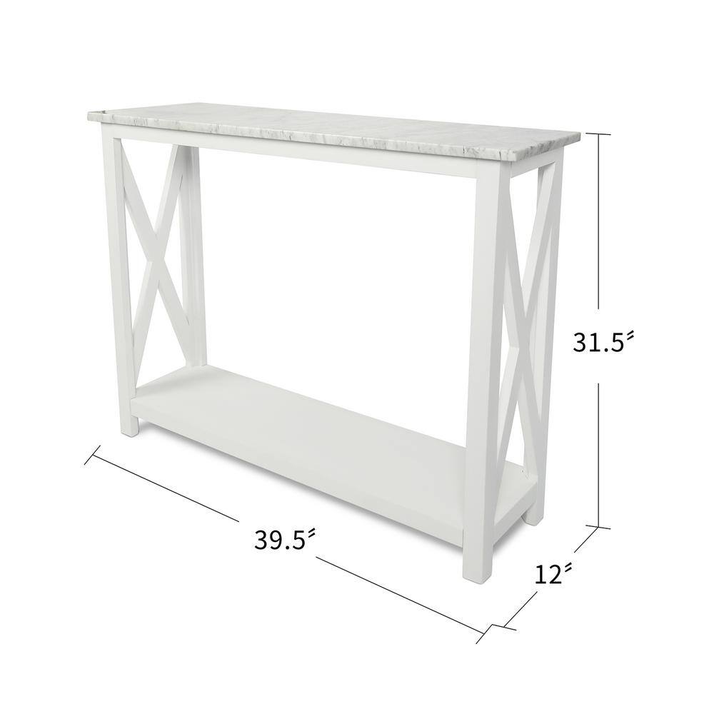 AndMakers Agatha 31.5 in. Carrara White Rectangular Italian Marble Console Table with White Legs