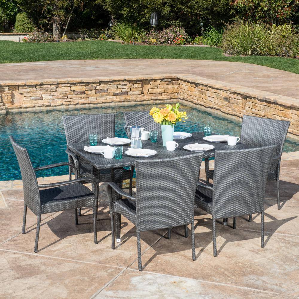 Noble House Delani Gray 7-Piece Faux Rattan Outdoor Dining Set