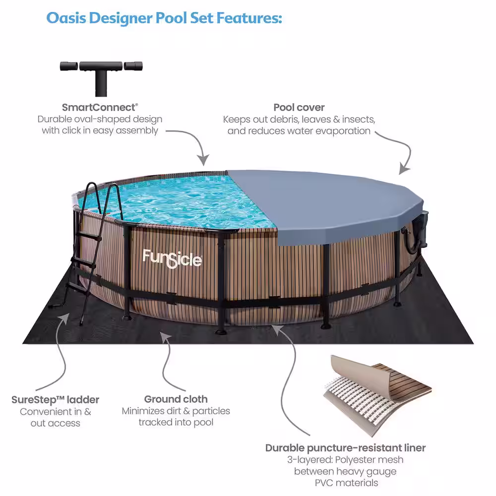None 14 ft. Round 42 in. Deep Metal Frame Above Ground Pool, Natural Teak