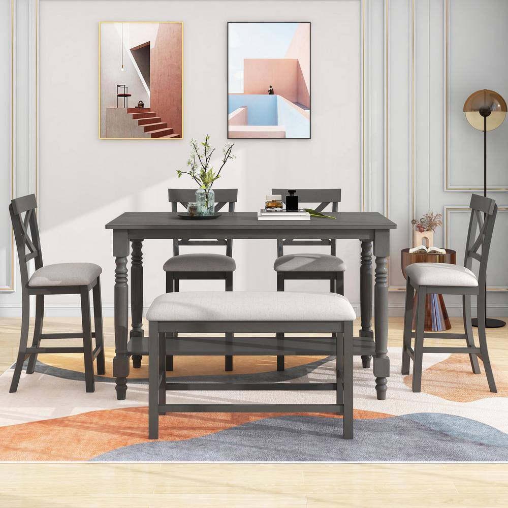 Harper & Bright Designs 6-Piece Gray Wood Counter Height Dining Table Set with Shelf, 4-Chairs and Bench