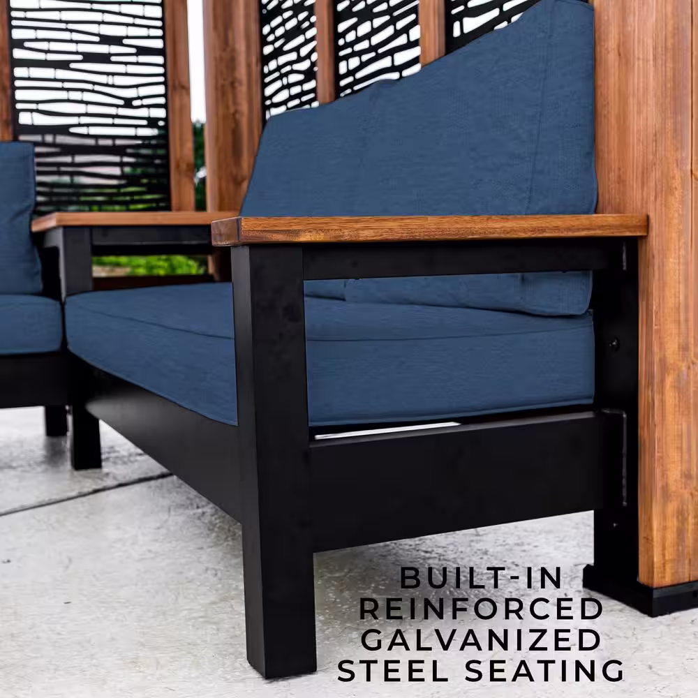 Backyard Discovery Tuscany 9 ft. x 9 ft. Light Brown Wooden Cabana Pergola with Bamboo Privacy Panels and Indigo Conversation Seating