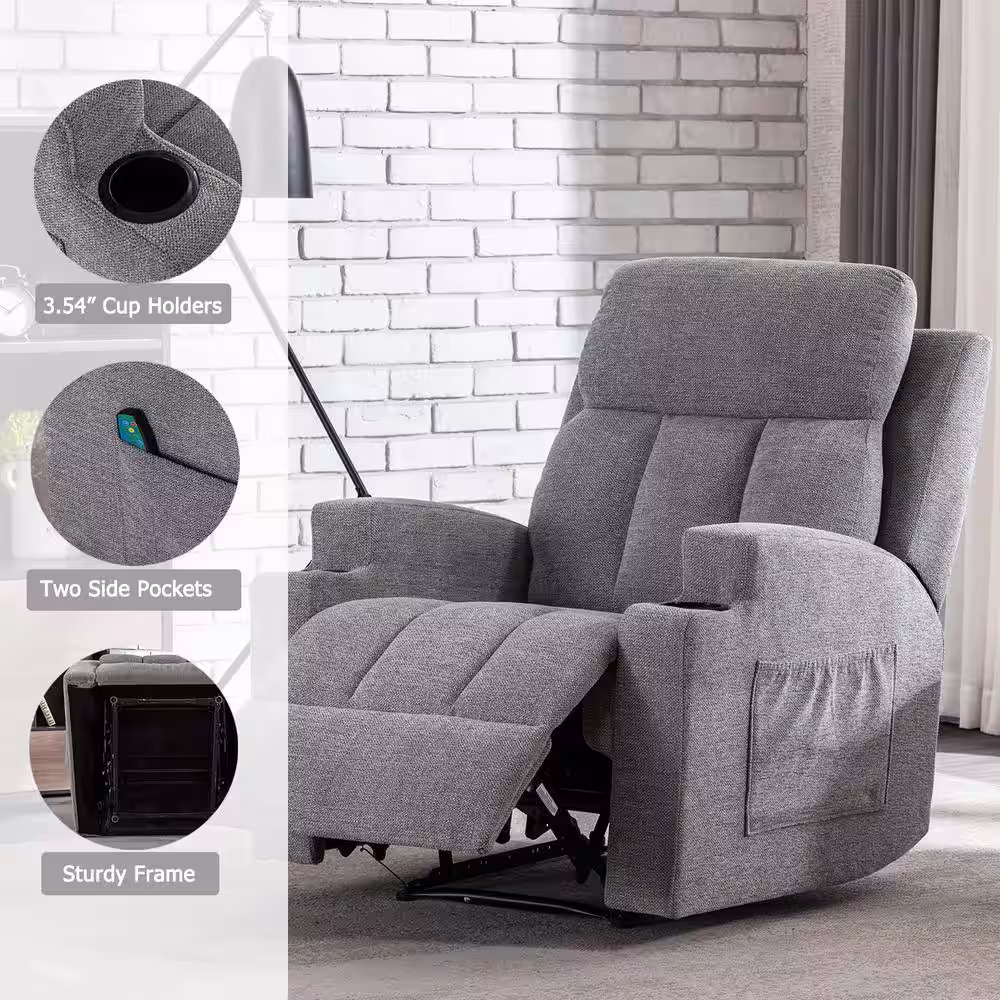 None Light Gray Recliner Chair with Massage and Heat, Fabric Living Room Reclining Single Sofa Seating with Cup Holders