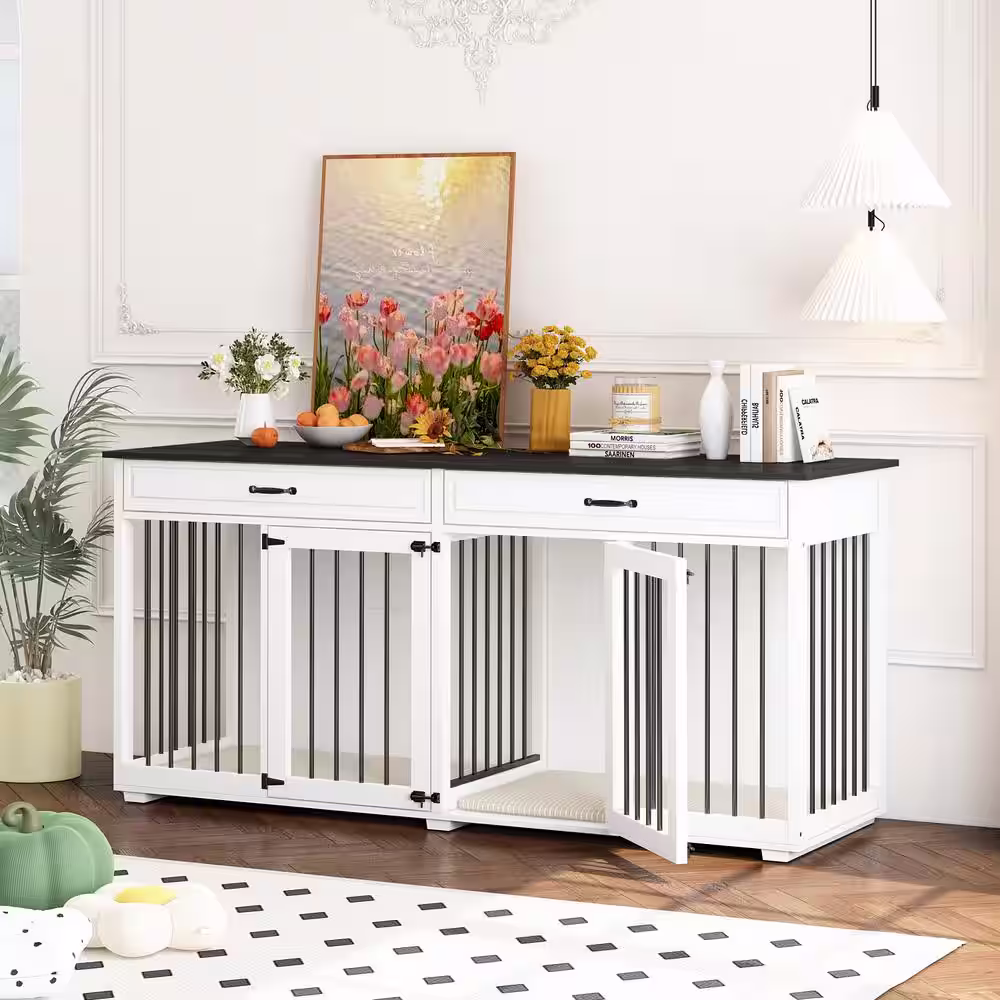 None White Furniture Style Dog Crate Large Wooden Dog Kennels with Drawers and Divider, Heavy-Duty Indoor Dog Cage for 2 Dogs