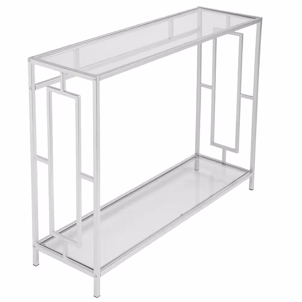 None 40.16 in. Standard Rectangle Silver FCH Toughened Glass Panel Console Table with Shelves