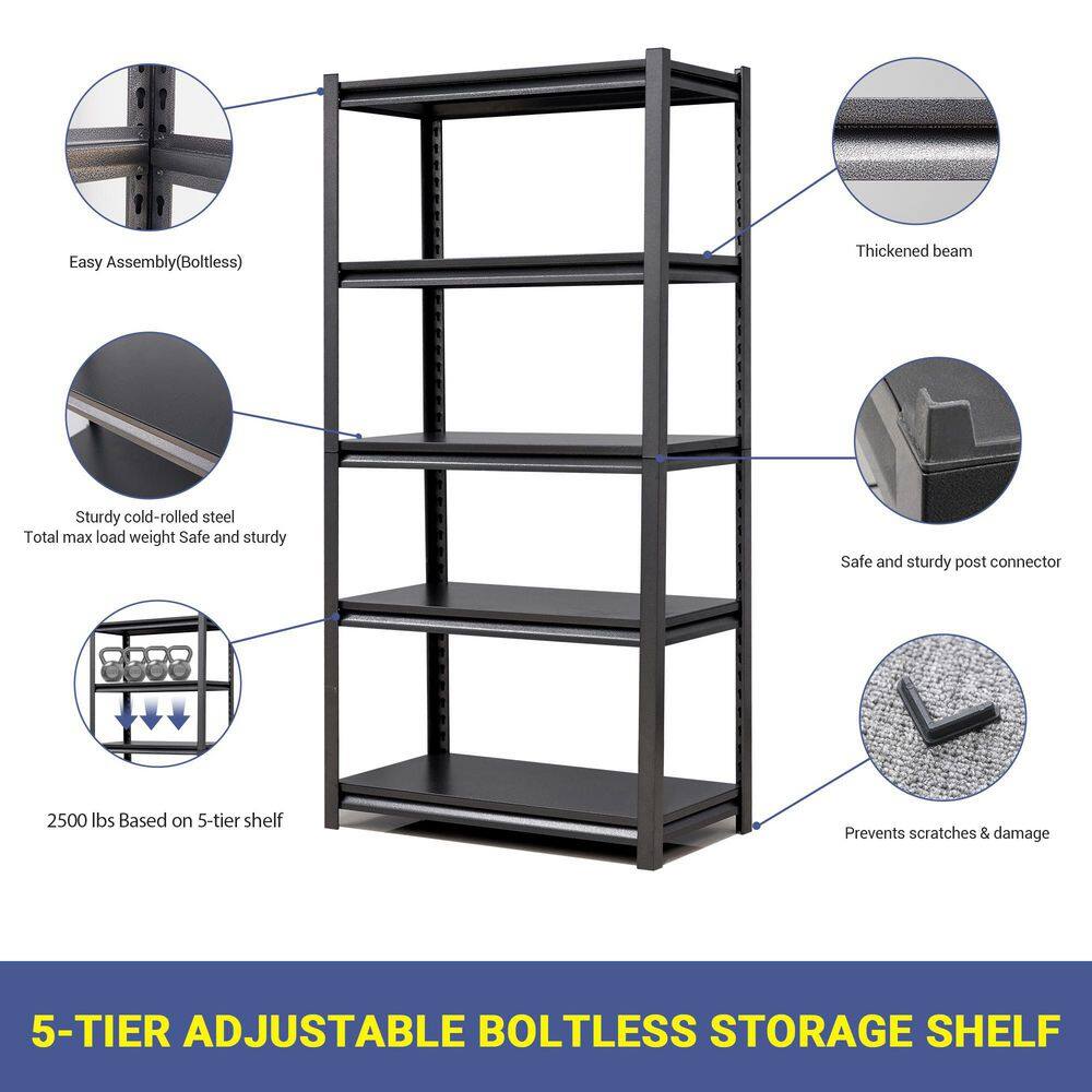 None Black Heavy-Duty 5-Tier Steel Shelving Unit (31.5 in. W x 63 in. H x 15.7 in. D)