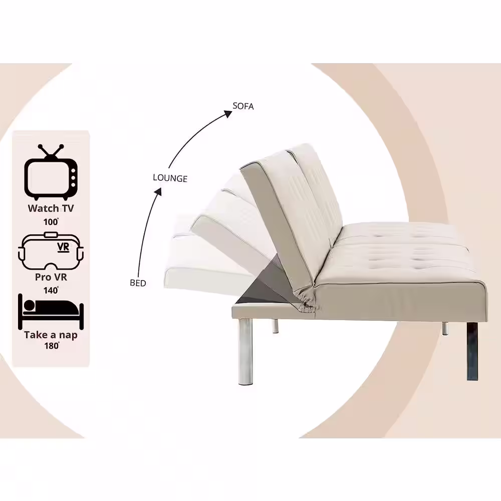HOMESTOCK Cream, Linen Tufted Split Back Futon Sofa Bed, Couch Bed, Futon Convertible Sofa Bed with Metal Legs