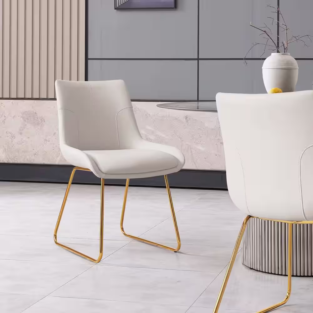None Beige Faux Leather Upholstered Dining Chairs with U-shaped Legs(Set of 4 Gold Legs Chairs)