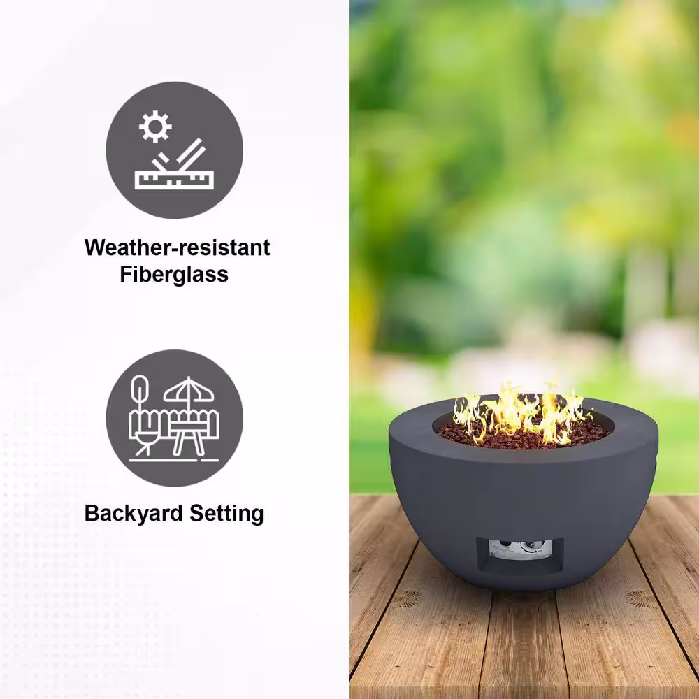 KANTE 25 in. W x 13.4 in. H Outdoor Round Concrete Metal Propane Gas Modern Smokeless Bowl Fire Pit Table in Charcoal