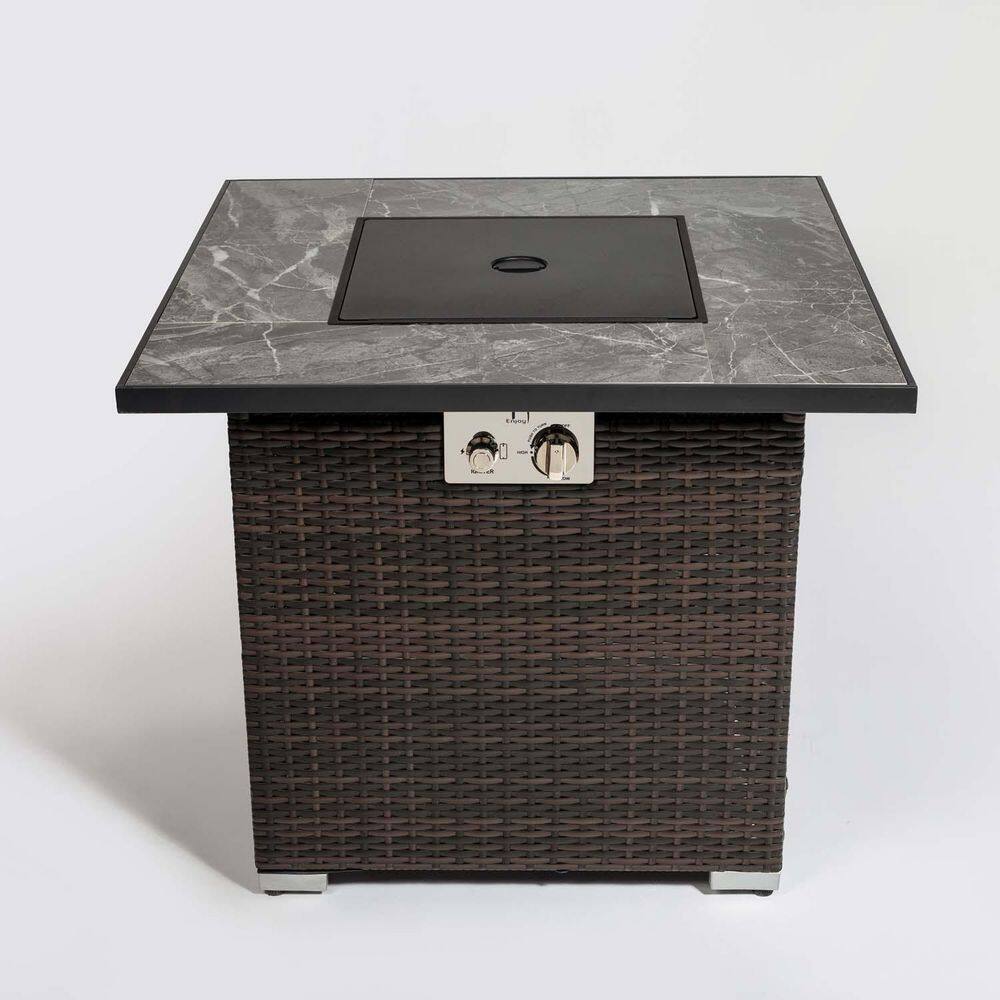 None Espresso Wicker 30 in. Outdoor Fire Table Propane Gas Fire Pit Table with Glass Rocks and Rain Cover