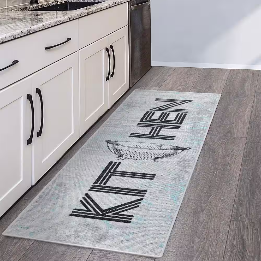 SUSSEXHOME Border Design Gray-Black-Blue 20 in. x 59 in. Cotton Kitchen Runner Rug Mat