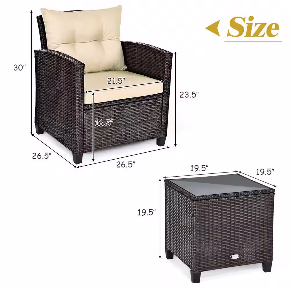 Costway 3-Piece Rattan Wicker Patio Conversation Set Sofa Coffee Table with Yellowish Cushions
