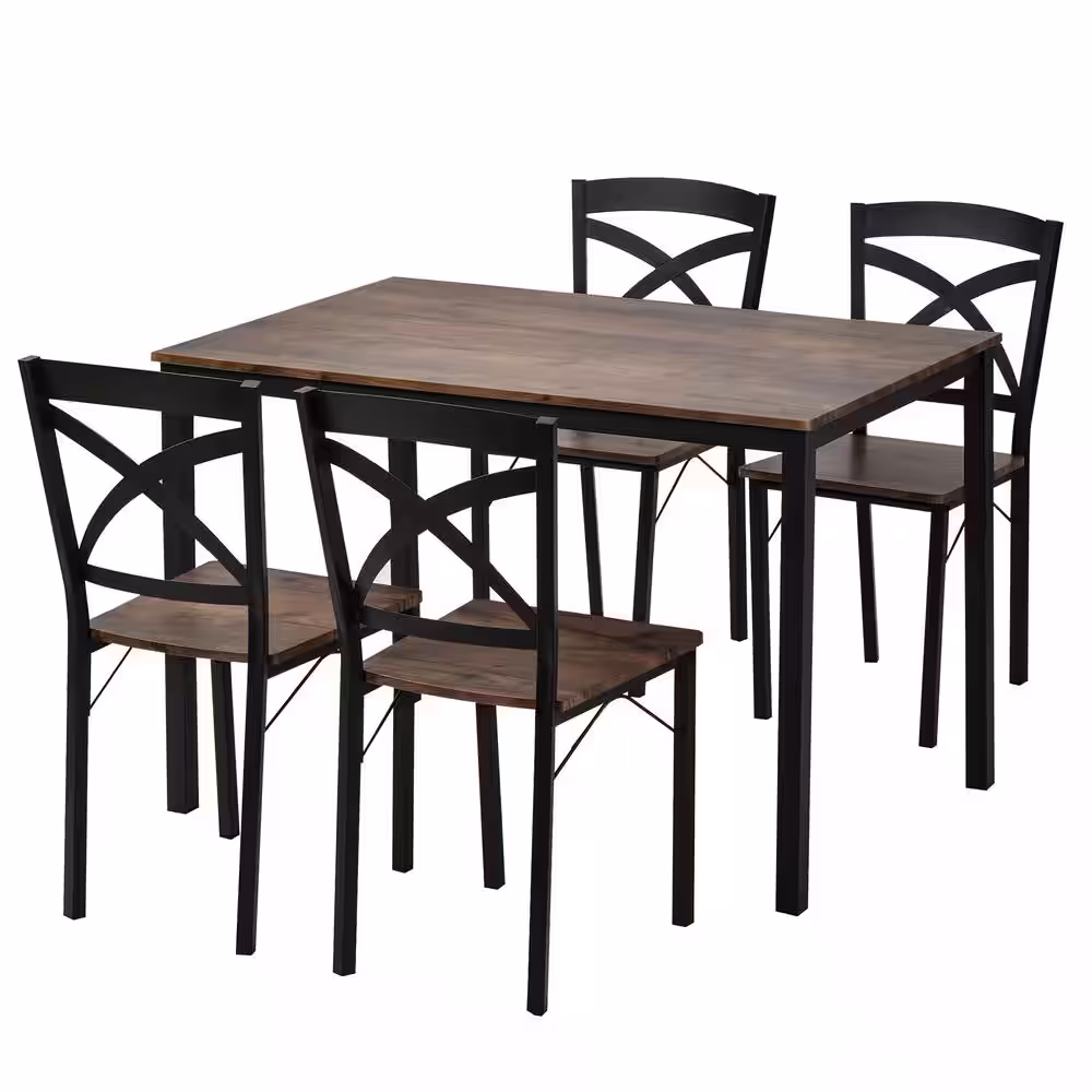 Harper & Bright Designs 5-Piece Industrial Brown Dining Set with Ergonomic Chairs