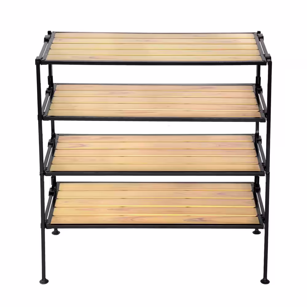 Seville Classics 12.5 in. H 6-Pair 2-Tier Countryside Aspen Woodgrain Resin Slat Iron Shoe Rack