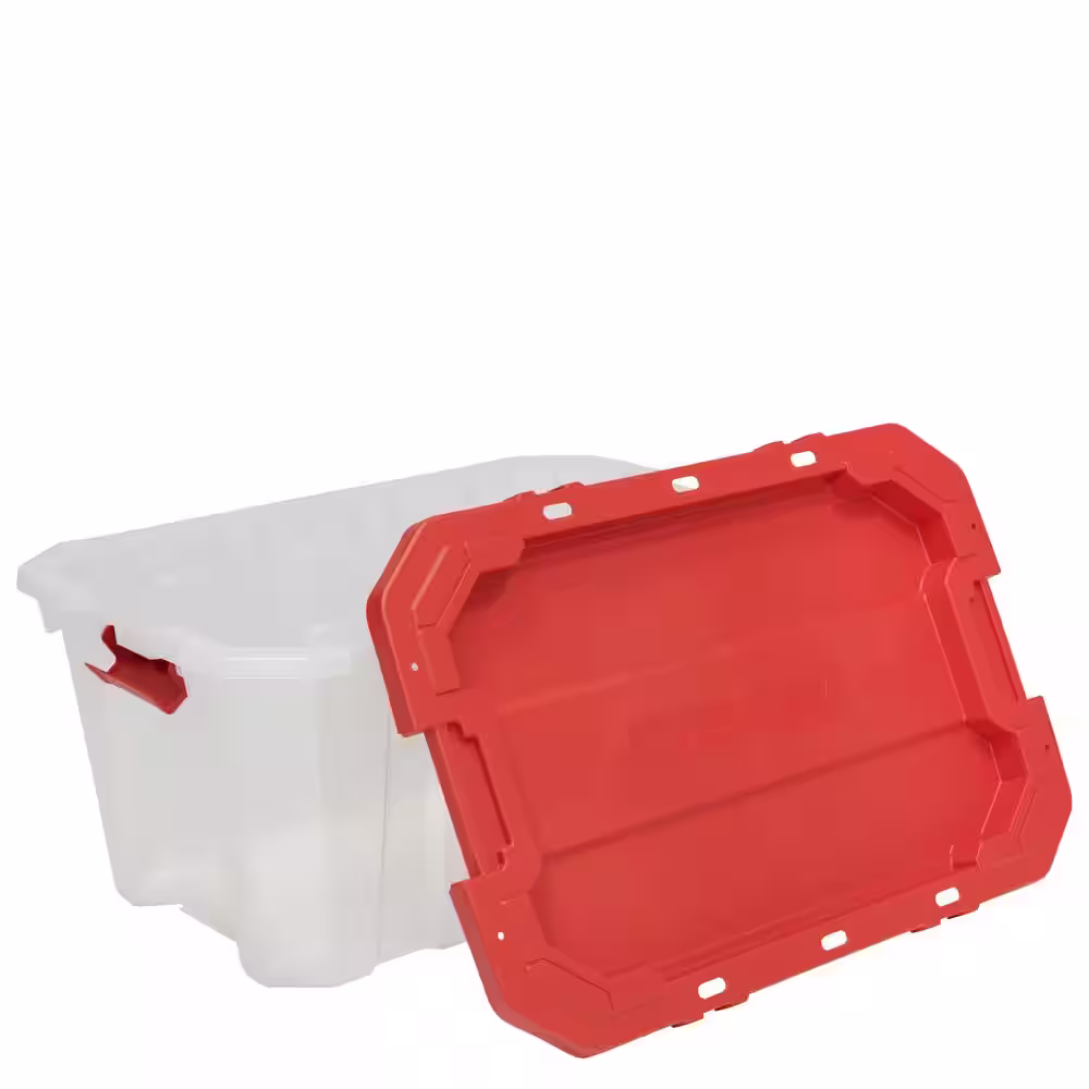Husky 25 Gal. Latch and Stack Tote in Clear with Red Lid