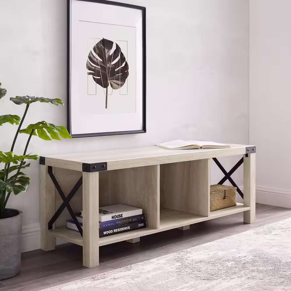 Welwick Designs White Oak Rustic Farmhouse Wood & Metal Entry Bench
