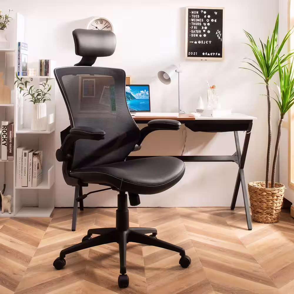 Costway Black Leather Mesh Back Adjustable Swivel Office Chair