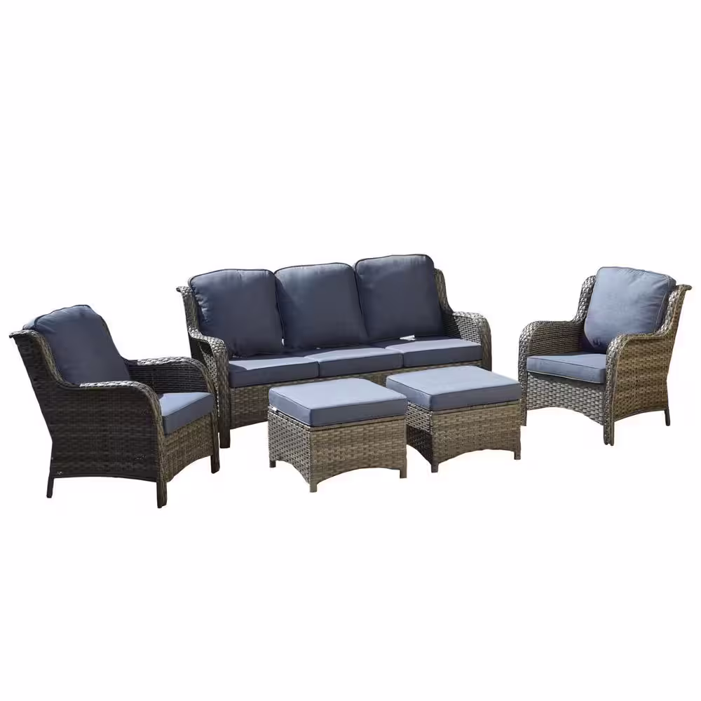 OVIOS Joyoung Gray 5-Piece Wicker Patio Conversation Seating Set with Denim Blue Cushions