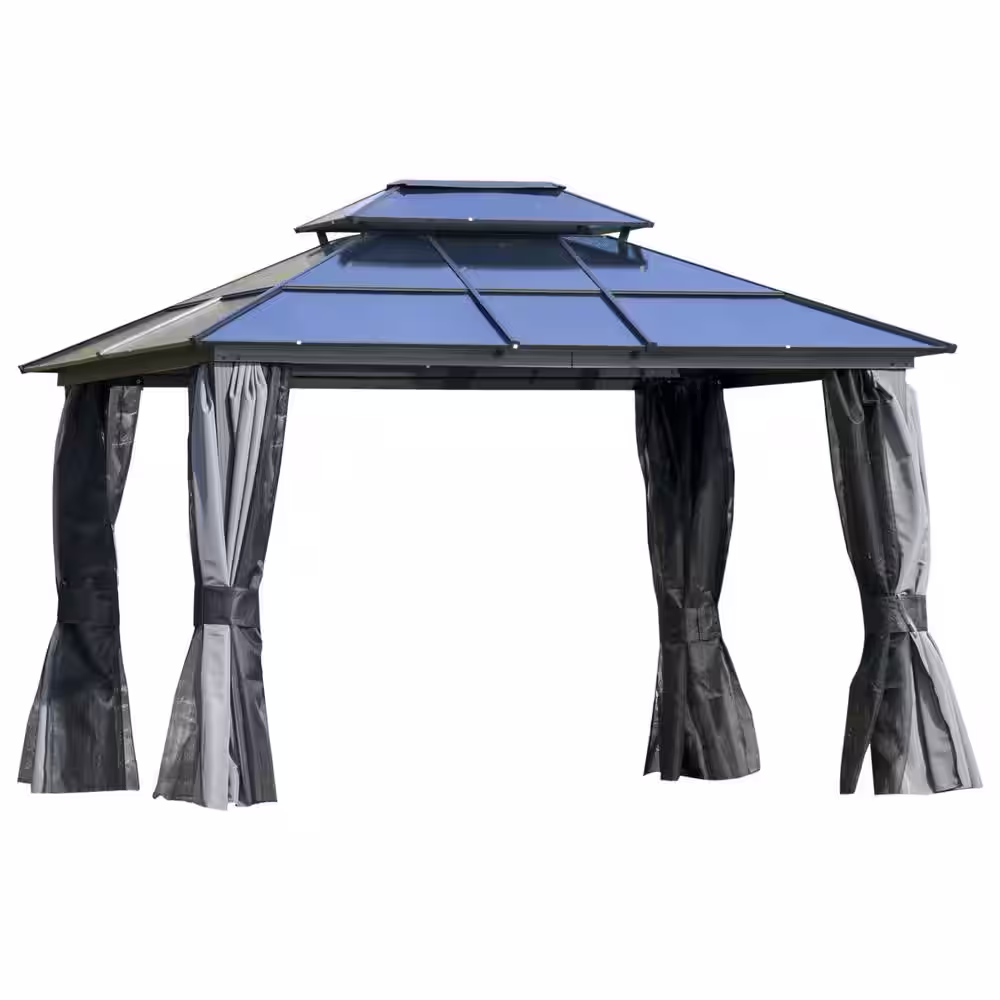 Outsunny 10 ft. x 12 ft. Black Polycarbonate Hardtop Patio Gazebo with Double-Tie Roof and Sidewall Nettings