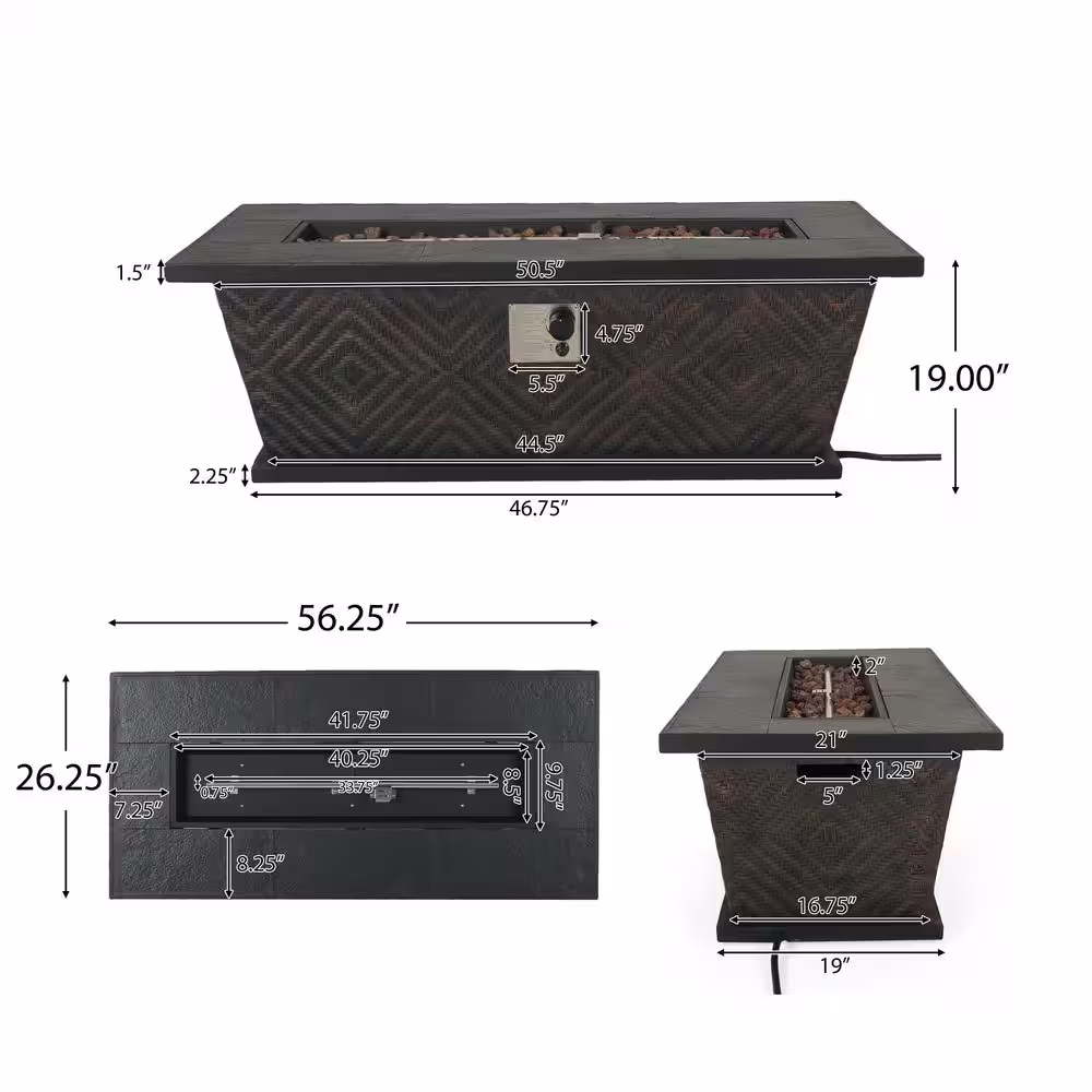 Noble House Meyer 15.75 in. x 22 in. Rectangular Concrete Propane Fire Pit in Brown with Tank Holder