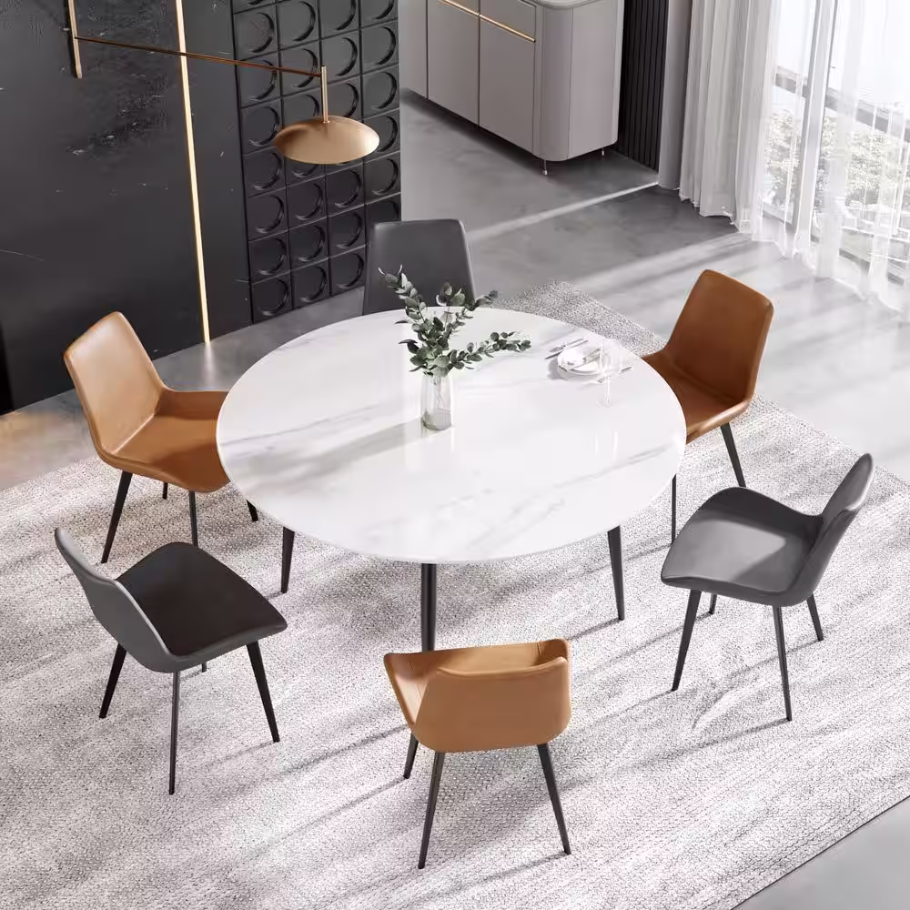 Magic Home 59.05 in. Modern Round Dining Table White Sintered Stone Tabletop Dining Table with Solid Black 4 Legs (Seat 8)