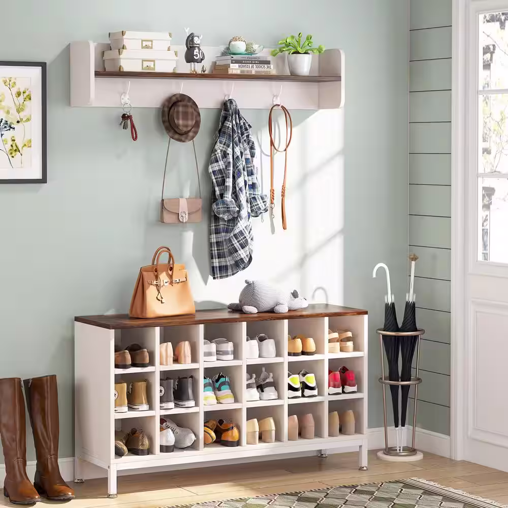 None Carmalita Black and Gray Hall Tree with Shoe Cubby and Coat Rack, Shoe Rack Bench with Wall Mounted Shelf and Hooks