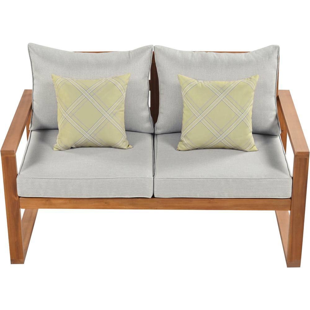 Harper & Bright Designs 6-Piece Solid Wood Patio Conversation Set with Gray Cushions, Ottomans and Pillows