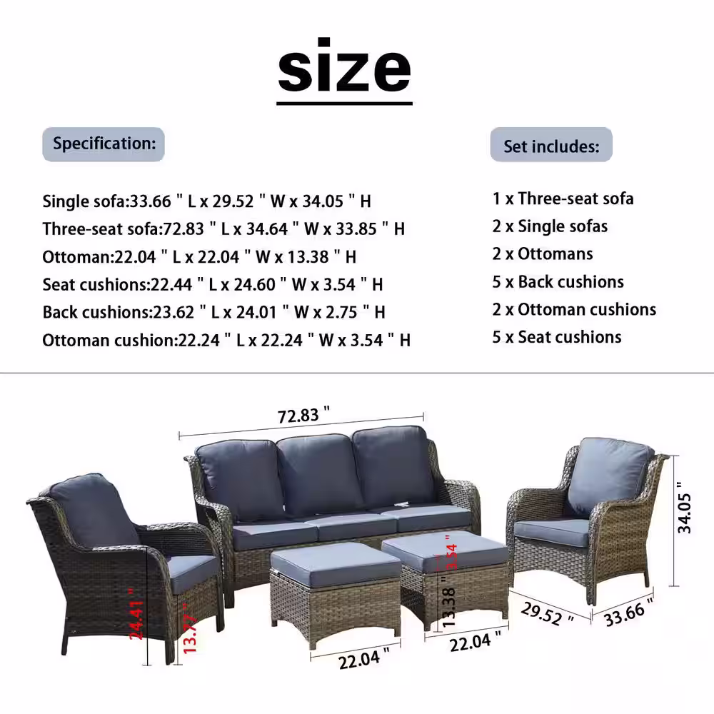 OVIOS Joyoung Gray 5-Piece Wicker Patio Conversation Seating Set with Denim Blue Cushions