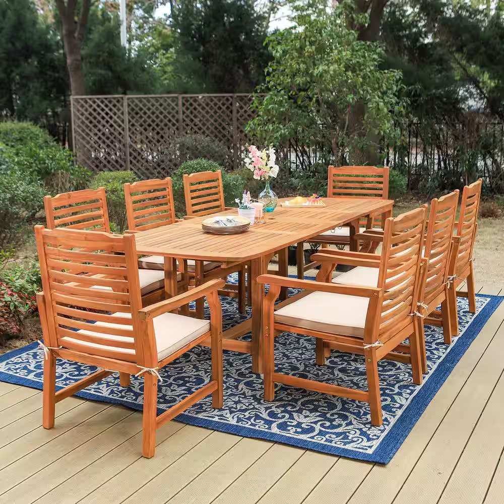None Brown 9-Piece Wood Patio Outdoor Dining Set With Extendable Table and Wood Chairs With Beige Cushion
