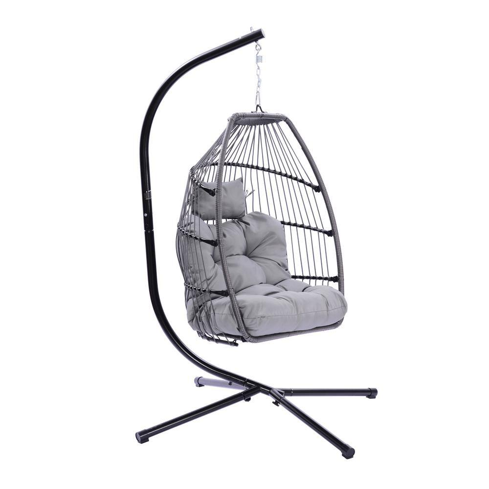 None 3.5 ft. Folding Hanging Chair Rattan Swing Hammock With Cushion and Pillow in Grey